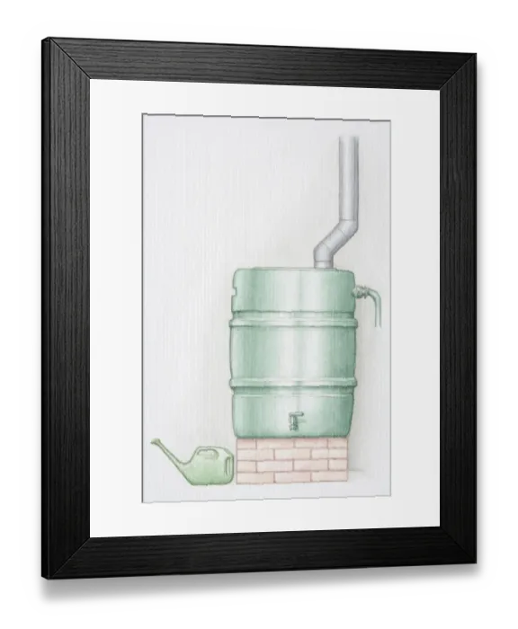 Framed Print : Water butt, pipe running into container on brick socket, watering can standing to left Framed Print : Water butt, pipe running into container on brick socket, watering can standing to left