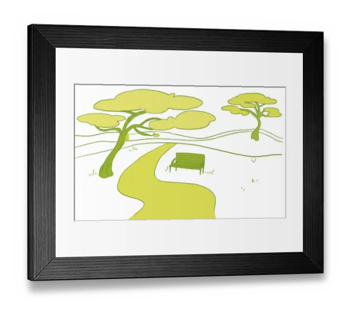 Framed Print : Path winding its way past bench and two trees and disappearing into distance Framed Print : Path winding its way past bench and two trees and disappearing into distance