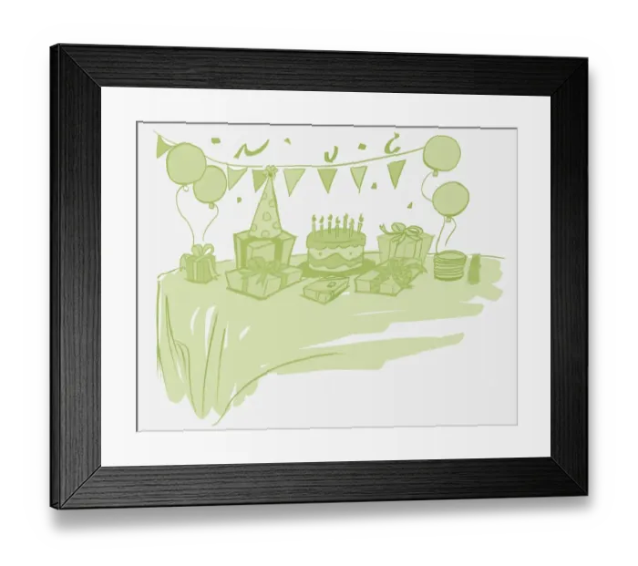 Framed Print : Illustration in light green, table decorated for birthday party with wrapped presents, pointy hat, cake, candles, plates and cups, balloons and a line of triangular flags in background