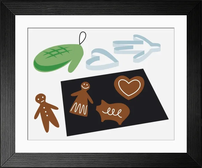 Framed Print : Gingerbread biscuits on baking tray, with oven gloves and shape cutter