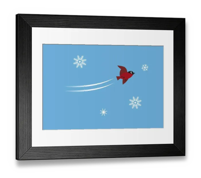 Framed Print : Bird flying between snowflakes Framed Print : Bird flying between snowflakes