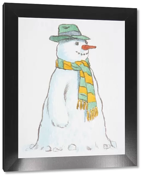 Smiling snowman wearing green hat and yellow-green striped scarf, side view