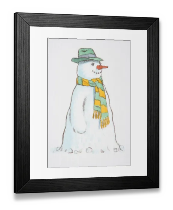 Framed Print : Smiling snowman wearing green hat and yellow-green striped scarf, side view Framed Print : Smiling snowman wearing green hat and yellow-green striped scarf, side view