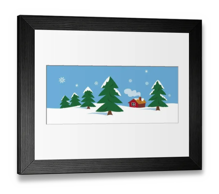 Framed Print : Snow landscape with trees and a house with smoke rising from the chimney Framed Print : Snow landscape with trees and a house with smoke rising from the chimney