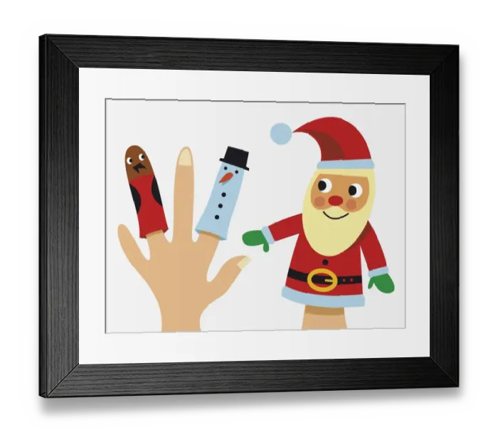 Framed Print : Santa Claus hand puppet, and bird and snowman finger puppets