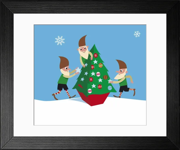 Framed Print : Three elves decorating a Christmas tree Framed Print : Three elves decorating a Christmas tree