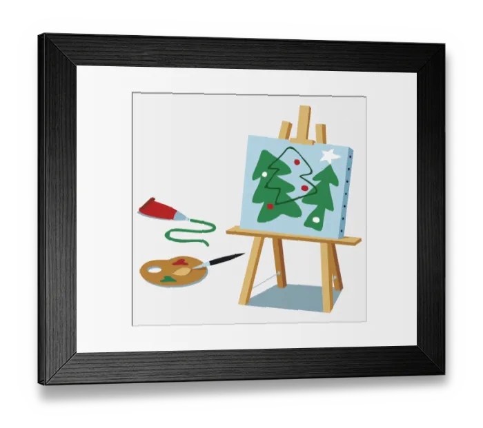 Framed Print : Painting of Christmas trees on an easel, palette, brush, tube of green paint in front Framed Print : Painting of Christmas trees on an easel, palette, brush, tube of green paint in front