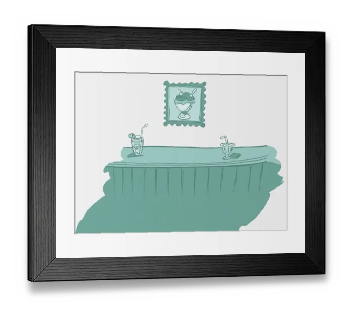 Framed Print : Ice cream bowl and drink on bar counter, framed picture of ice cream on wall behind Framed Print : Ice cream bowl and drink on bar counter, framed picture of ice cream on wall behind