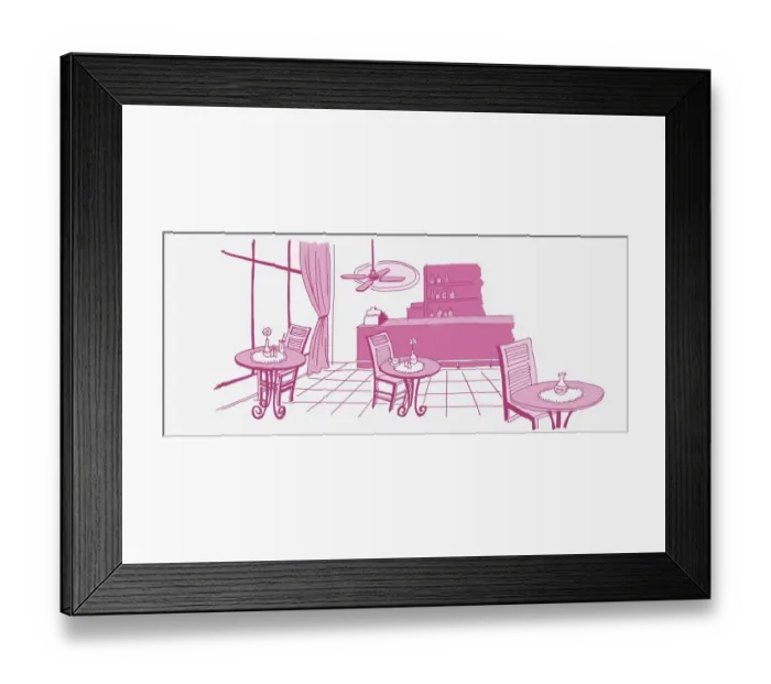 Framed Print : Illustration in pink, cafe or bar with one chair each at three tables, window with pulled back curtain, till on counter, shelves in background, ceiling fan buzzing overhead Framed Print : Illustration in pink, cafe or bar with one chair each at three tables, window with pulled back curtain, till on counter, shelves in background, ceiling fan buzzing overhead