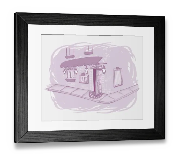 Framed Print : Illustration in purple, view down two sides of house on corner, showing ground floor and first floor