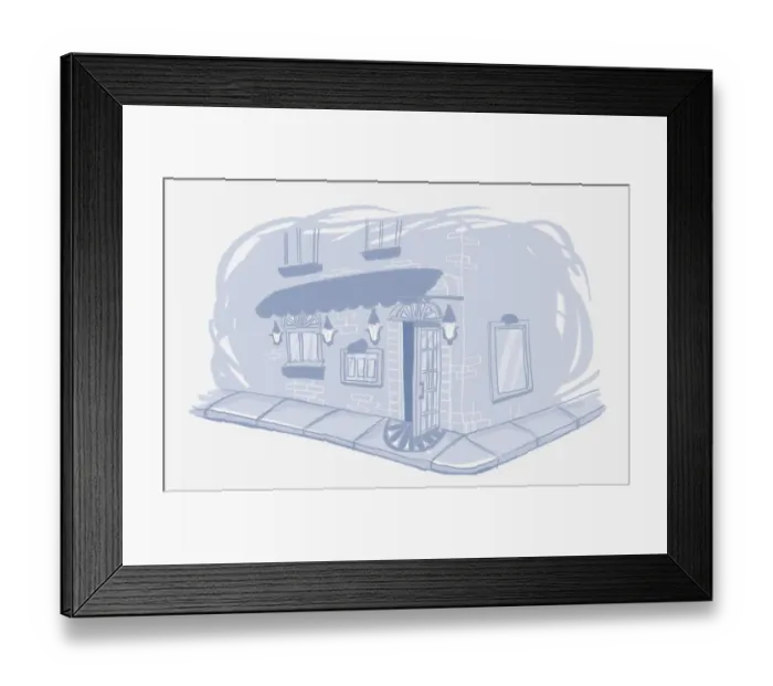 Framed Print : Illustration in grey-blue, view down two sides of house on corner, showing ground floor and first floor Framed Print : Illustration in grey-blue, view down two sides of house on corner, showing ground floor and first floor