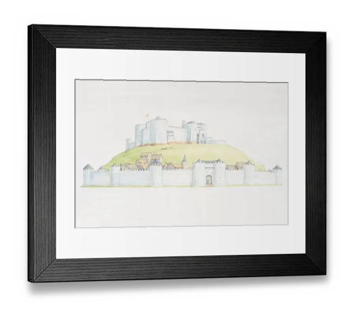 Framed Print : Castle on mound overlooking settlement surrounded by town wall Framed Print : Castle on mound overlooking settlement surrounded by town wall
