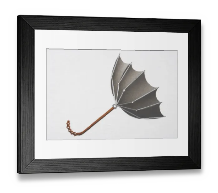Framed Print : Open umbrella blown upwards from convex into concave shape by strong wind, side view