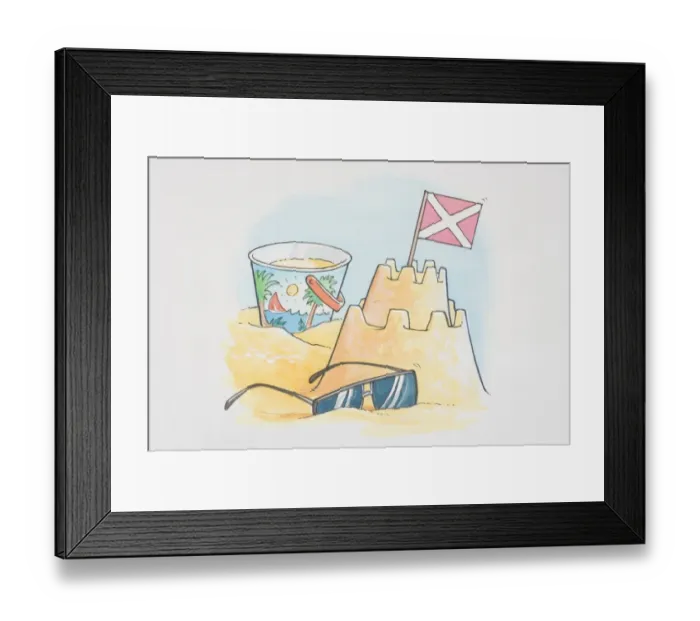 Framed Print : Sand castle with flag, bucket and pair of sunglasses Framed Print : Sand castle with flag, bucket and pair of sunglasses