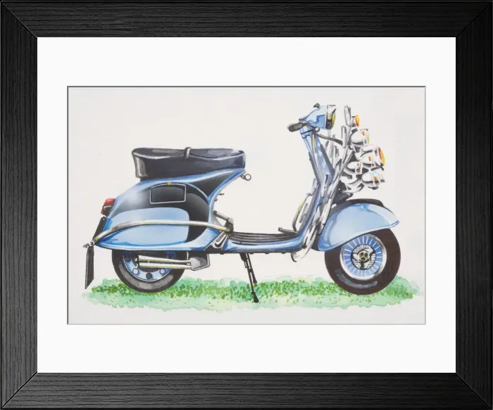Framed Print : Scooter with many lights on front, side view Framed Print : Scooter with many lights on front, side view