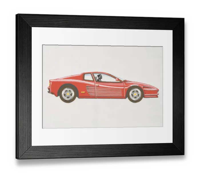 Framed Print : Driver in red coupe sports car, raised rear, low bonnet, side view Framed Print : Driver in red coupe sports car, raised rear, low bonnet, side view