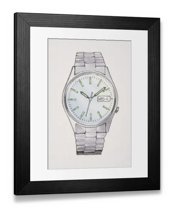 Framed Print : Analogue wristwatch with metal strap, dial showing the time, date and day of the week Framed Print : Analogue wristwatch with metal strap, dial showing the time, date and day of the week