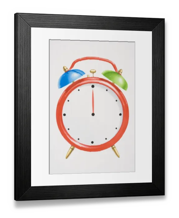 Framed Print : Red alarm clock with green and blue bells on top Framed Print : Red alarm clock with green and blue bells on top