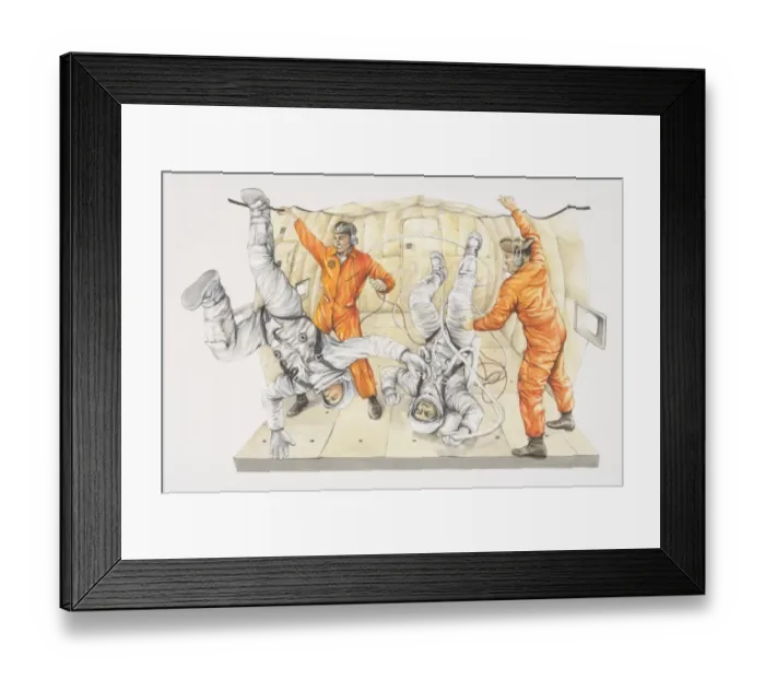 Framed Print : Two men in astronaut suits upside down being watched by two men in orange suits, inside vacuum chamber Framed Print : Two men in astronaut suits upside down being watched by two men in orange suits, inside vacuum chamber
