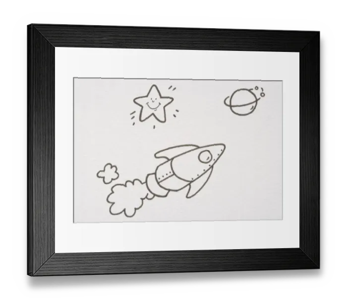 Framed Print : Flying rocket leaving trail of smoke behind, star with smiley face and planet with gas ring Framed Print : Flying rocket leaving trail of smoke behind, star with smiley face and planet with gas ring