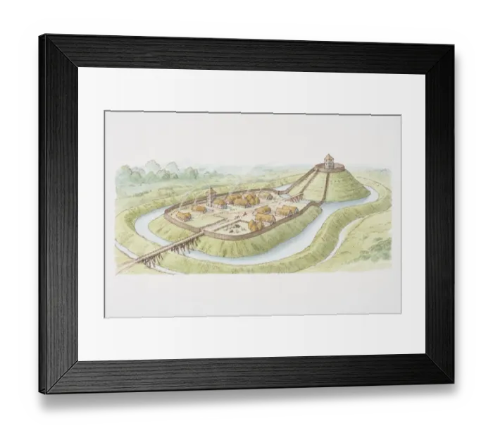Framed Print : Motte-and-bailey castle, raised earth mound and enclosed courtyard, surrounded by water ditch Framed Print : Motte-and-bailey castle, raised earth mound and enclosed courtyard, surrounded by water ditch