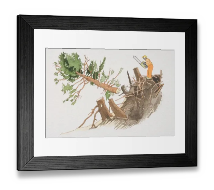 Framed Print : Lumberjack in orange suit standing next to tree stump holding electric saw, felled tree falling down hillside Framed Print : Lumberjack in orange suit standing next to tree stump holding electric saw, felled tree falling down hillside