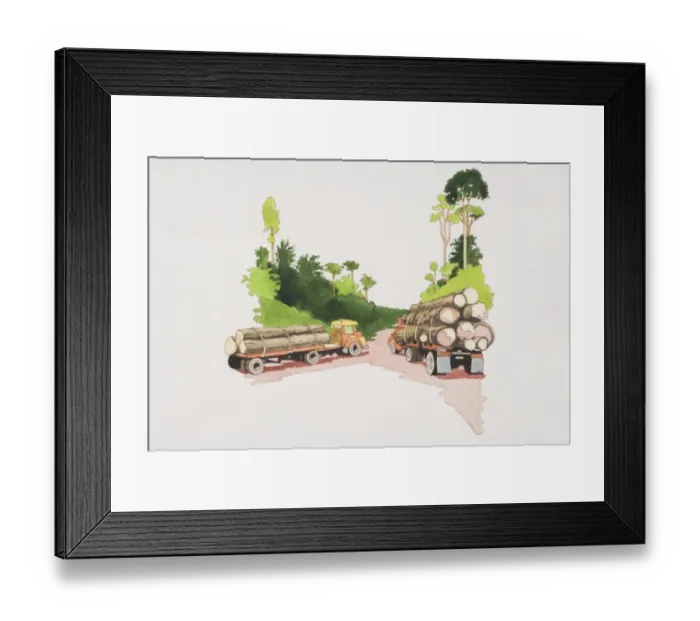 Framed Print : Two trucks loaded with stacked timber driving on forest path, rear view Framed Print : Two trucks loaded with stacked timber driving on forest path, rear view