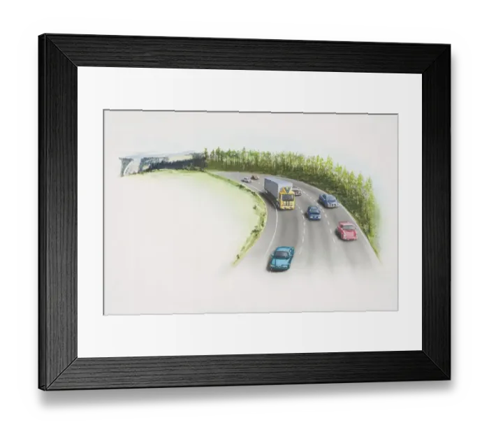 Framed Print : Cars and lorry driving along three-lane motorway cutting through countryside Framed Print : Cars and lorry driving along three-lane motorway cutting through countryside