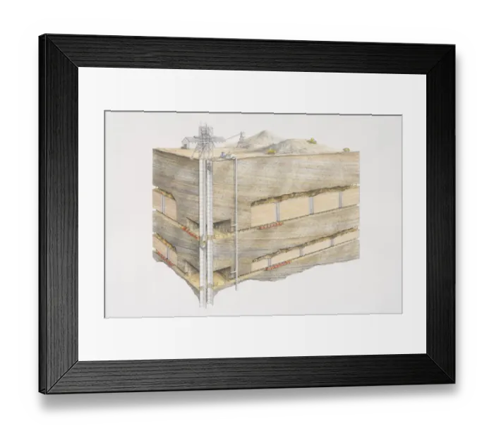 Framed Print : Gold mine, overground site with buildings and rubble heaps, underground cross section Framed Print : Gold mine, overground site with buildings and rubble heaps, underground cross section