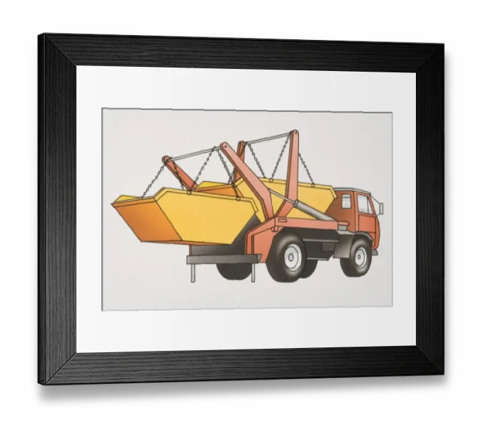 Framed Print : Two yellow skips loaded onto red refuse truck, rear view Framed Print : Two yellow skips loaded onto red refuse truck, rear view