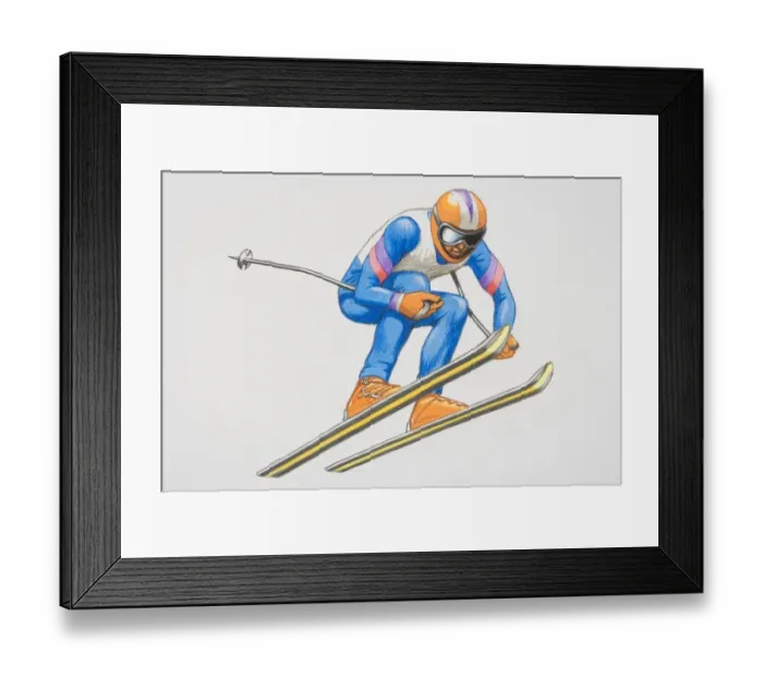 Framed Print : Skier performing a jump, flying in the air with bended knees and poles to his side, low angle view Framed Print : Skier performing a jump, flying in the air with bended knees and poles to his side, low angle view