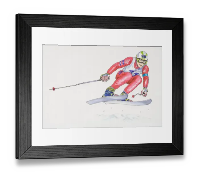 Framed Print : Skier performing a jump, flying in the air with bended knees and poles to his side, low angle view Framed Print : Skier performing a jump, flying in the air with bended knees and poles to his side, low angle view