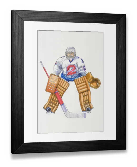 Framed Print : Ice hockey goalkeeper standing poised with legs apart, holding stick, wearing large knee pads, catch gloves and helmet, front view Framed Print : Ice hockey goalkeeper standing poised with legs apart, holding stick, wearing large knee pads, catch gloves and helmet, front view