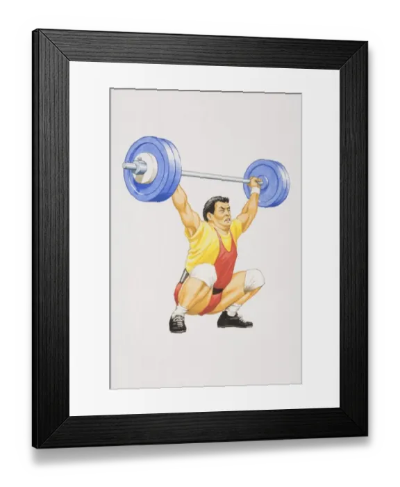 Framed Print : Weight lifter crouching with bended knees struggling to lift weight over his head Framed Print : Weight lifter crouching with bended knees struggling to lift weight over his head
