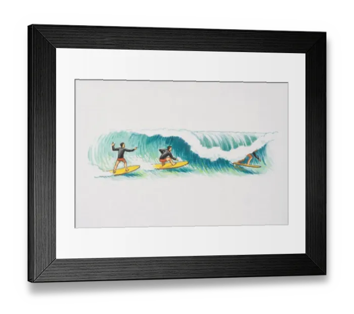 Framed Print : Three surfers balancing on yellow surfboards and tube riding wave Framed Print : Three surfers balancing on yellow surfboards and tube riding wave