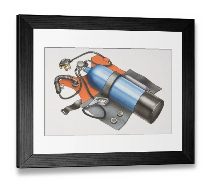 Framed Print : Scuba diving jacket complete with oxygen tank, straps and pipes, side view Framed Print : Scuba diving jacket complete with oxygen tank, straps and pipes, side view