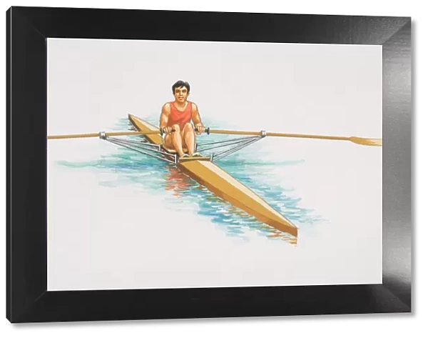 Man sitting in a single scull long rowing boat