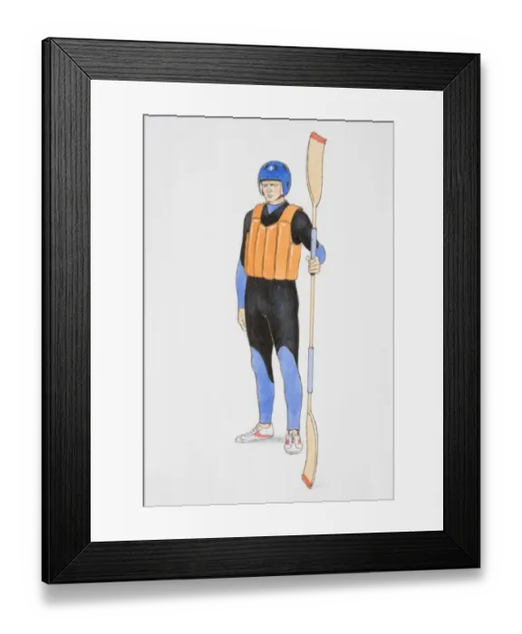 Framed Print : Standing man wearing wetsuit, helmet and buoyancy aid, holding a double-bladed paddle Framed Print : Standing man wearing wetsuit, helmet and buoyancy aid, holding a double-bladed paddle