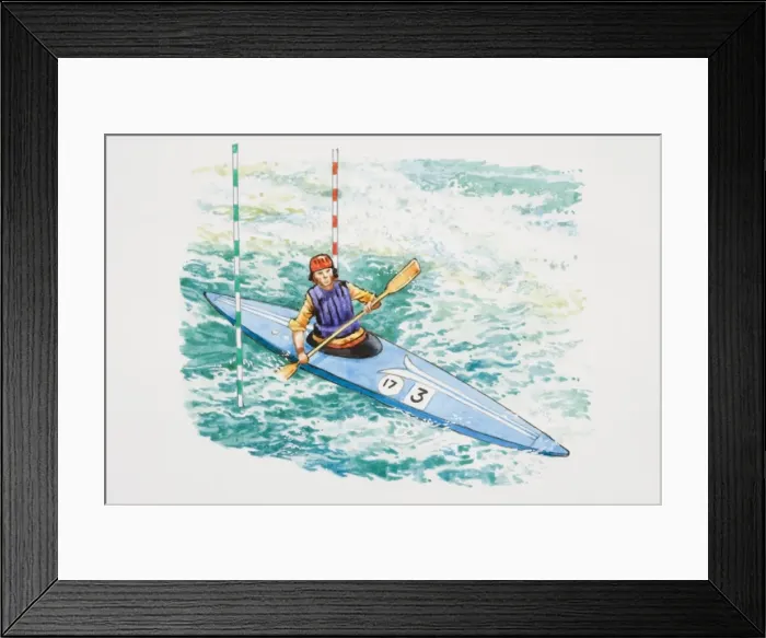 Framed Print : Man paddling kayak through poles on rapids, elevated view Framed Print : Man paddling kayak through poles on rapids, elevated view
