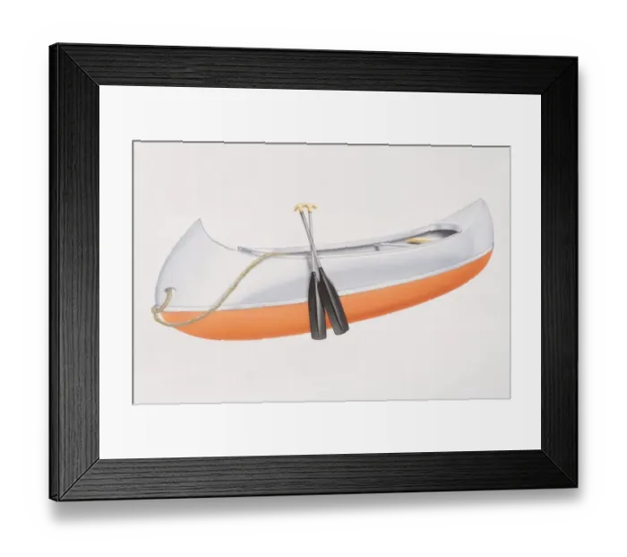 Framed Print : Orange and white Canadian canoe with two paddles leaning on the side Framed Print : Orange and white Canadian canoe with two paddles leaning on the side