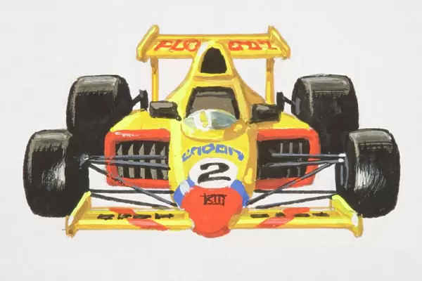 Yellow formula 1 racing car, front view