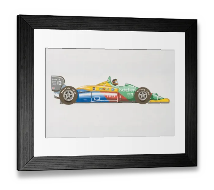 Framed Print : Colourful racing car with driver in the seat, side view Framed Print : Colourful racing car with driver in the seat, side view