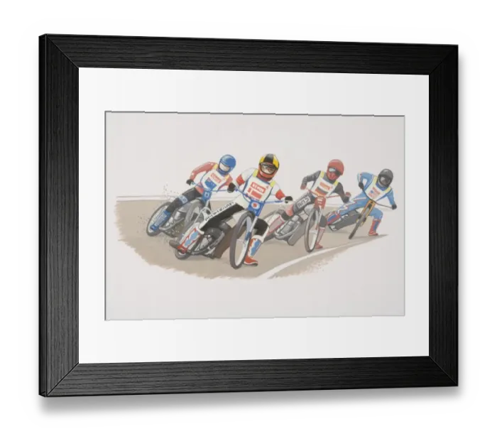 Framed Print : Motorcyclists racing on curved track, front view