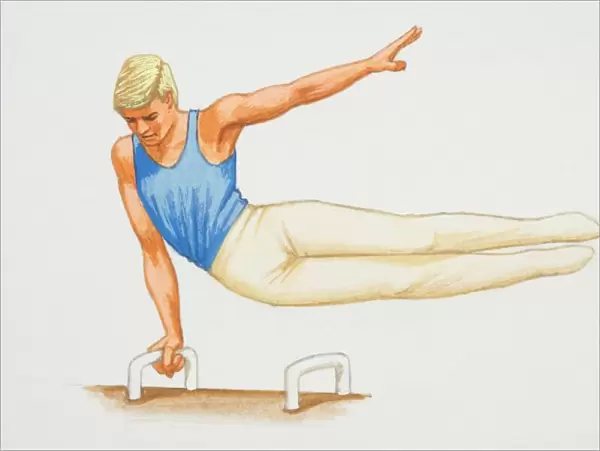 Male gymnast exercising on a pommel horse, front view