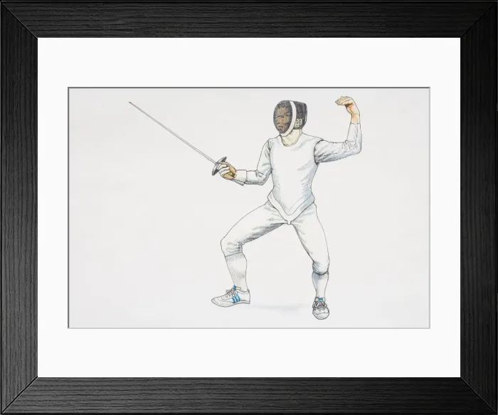 Framed Print : Fencer standing poised, crouching with legs apart, one arm holding up saber in front, other arm bent up behind, side view Framed Print : Fencer standing poised, crouching with legs apart, one arm holding up saber in front, other arm bent up behind, side view