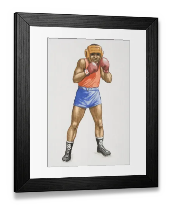 Framed Print : Boxer wearing shorts, vest, boxing gloves and head protector, standing poised with legs apart and arms bent in front of him