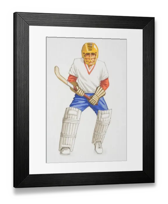 Framed Print : Hockey player wearing helmet and knee pads holding a hockey stick, front view Framed Print : Hockey player wearing helmet and knee pads holding a hockey stick, front view