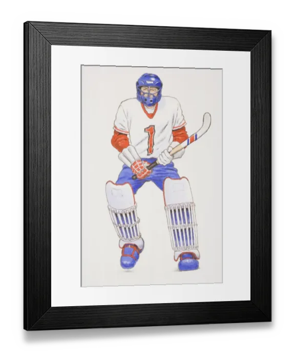 Framed Print : Hockey goalkeeper wearing helmet and knee pads holding a hockey stick, front view Framed Print : Hockey goalkeeper wearing helmet and knee pads holding a hockey stick, front view