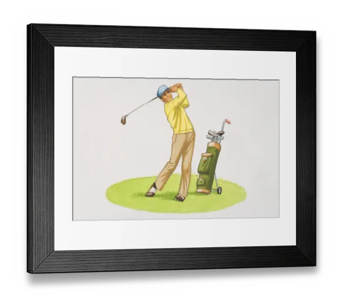 Framed Print : Man in yellow jumper, beige trousers and cap swinging golf club, golf bag on trolly at his side Framed Print : Man in yellow jumper, beige trousers and cap swinging golf club, golf bag on trolly at his side