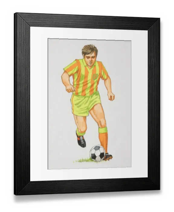 Framed Print : Football player in orange and green outfit running with football in front of him, front view Framed Print : Football player in orange and green outfit running with football in front of him, front view